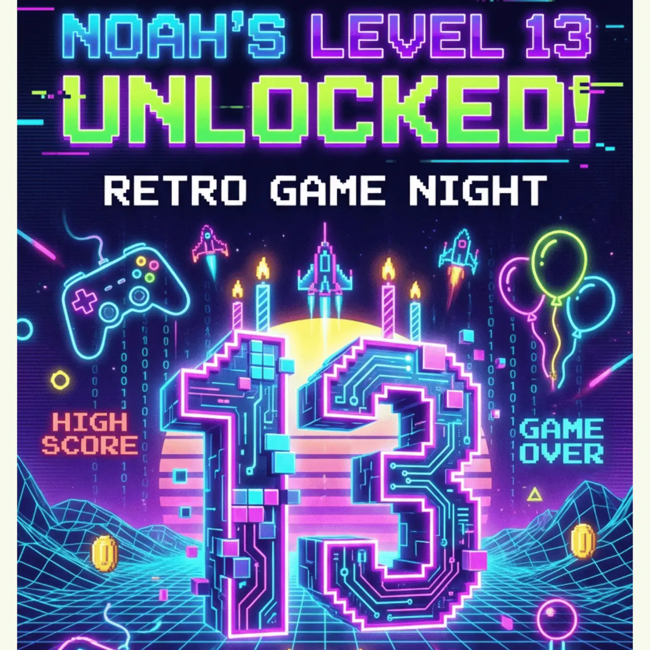 Gaming birthday invitation example with bold themed visuals and clearly placed party details