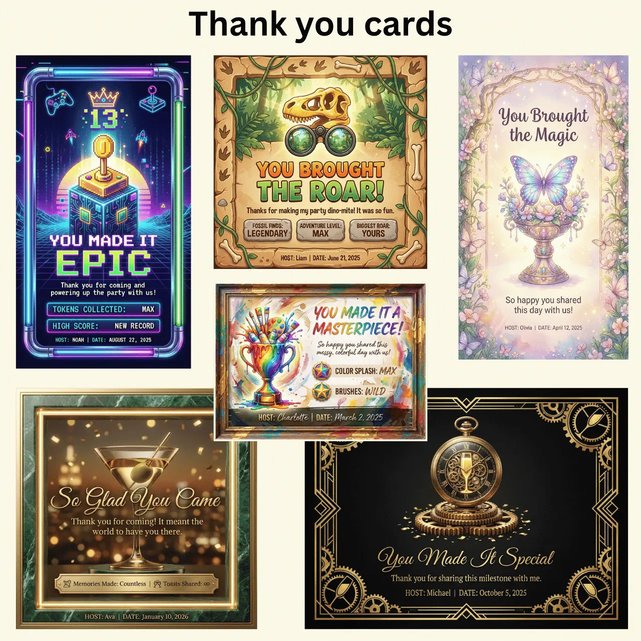 Matching thank-you card example with coordinated party styling and clean gratitude message space