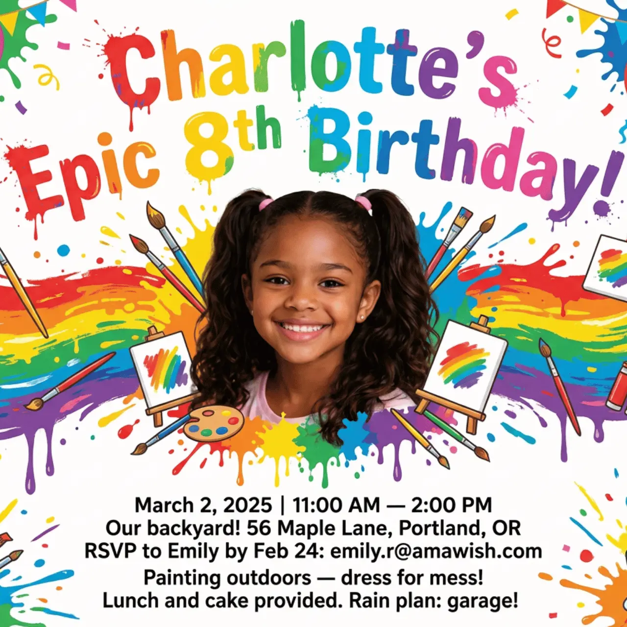 Kids birthday invitation example with playful party artwork and clear event details layout
