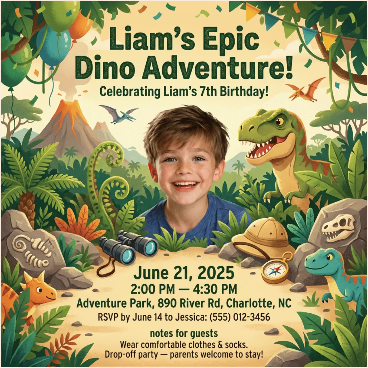 Dinosaur birthday invitation example with playful themed party artwork and readable event details