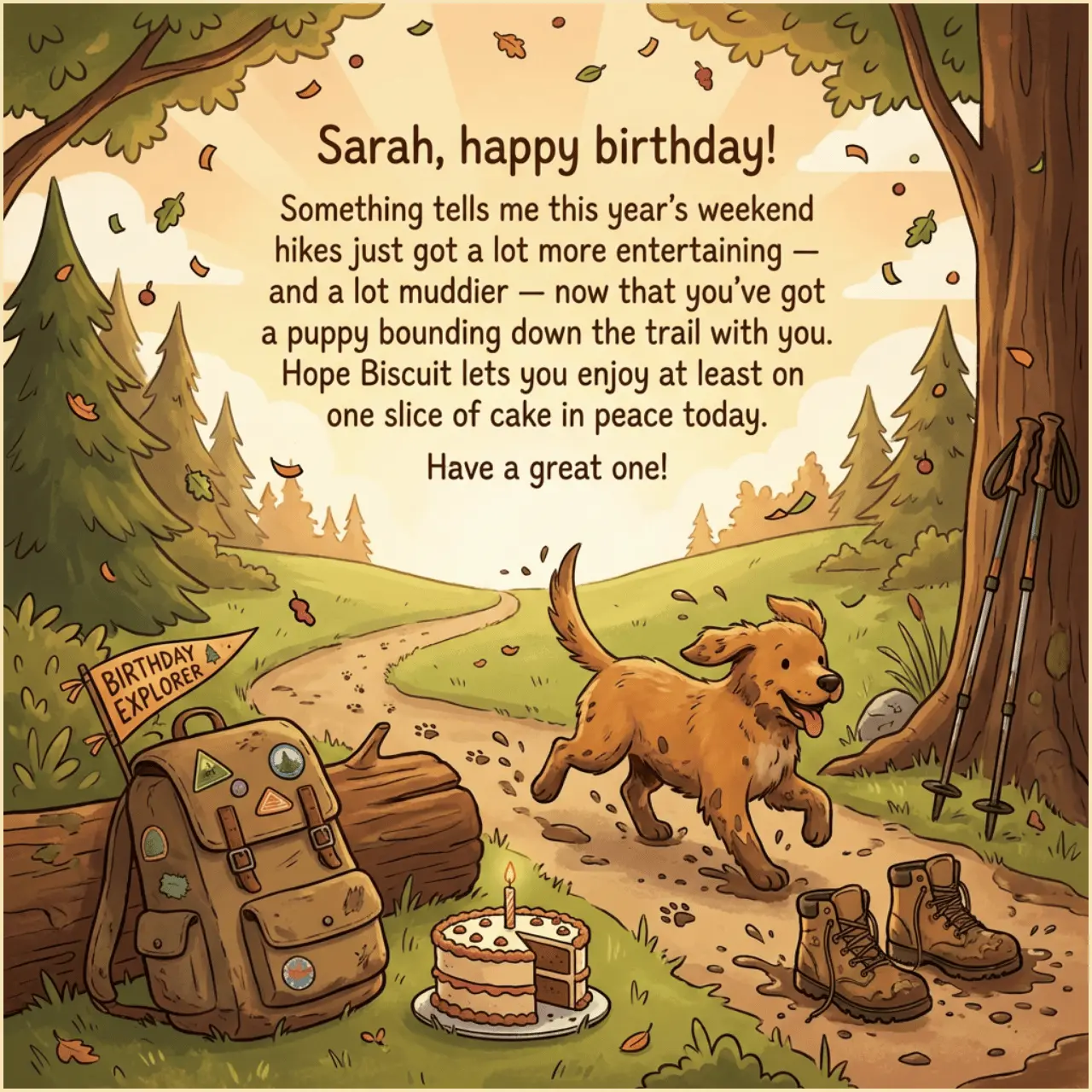 Birthday card message example shown inside a bright celebratory card design