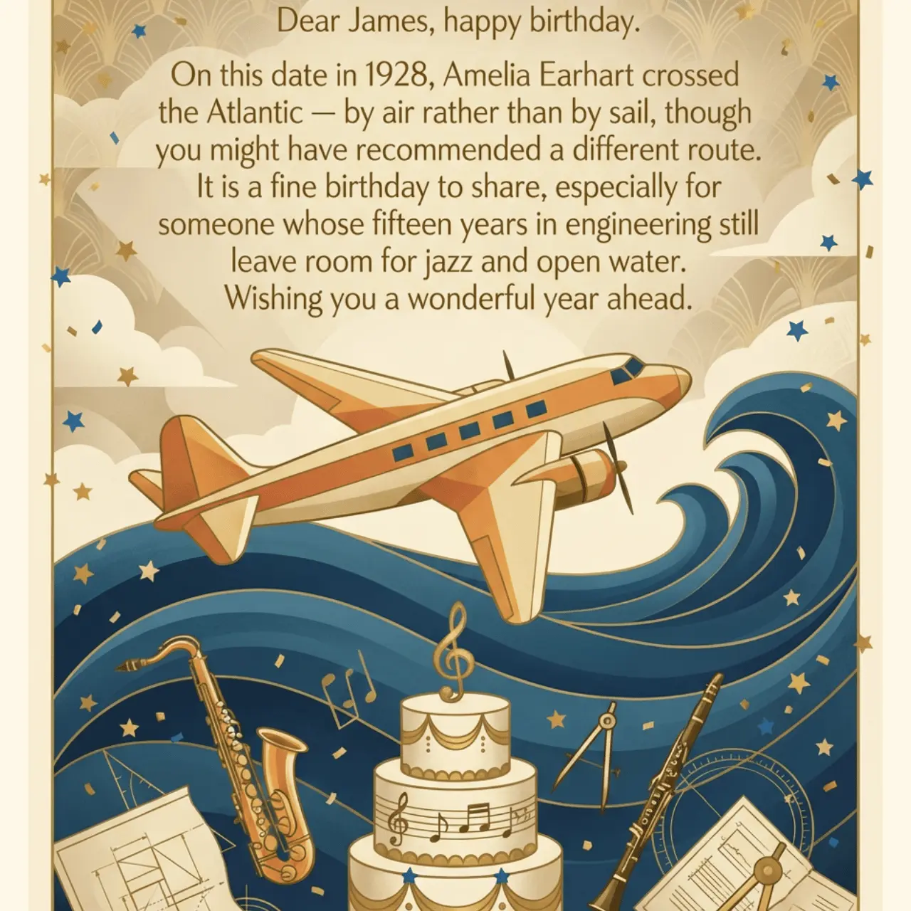 AI birthday card generator example with polished illustrated card layout and editable message placement