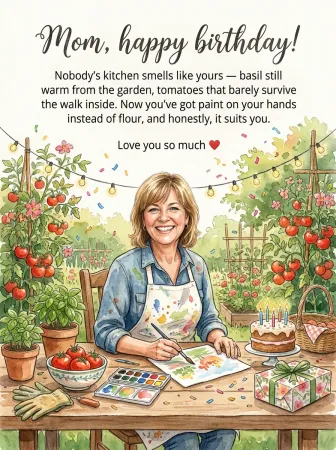 Warm birthday card example with soft artwork and personal wording space